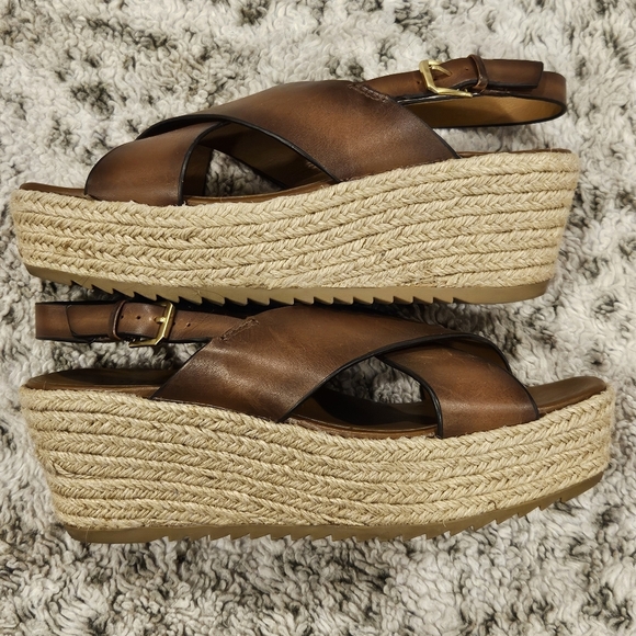 Naturalizer SZ 9.5W Open Toe Brown Leather Espadrille Slingback Buckle 3" Wedge - Picture 6 of 12